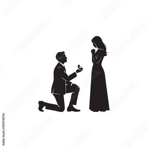 Man proposing to woman with ring in hand on one knee romantically