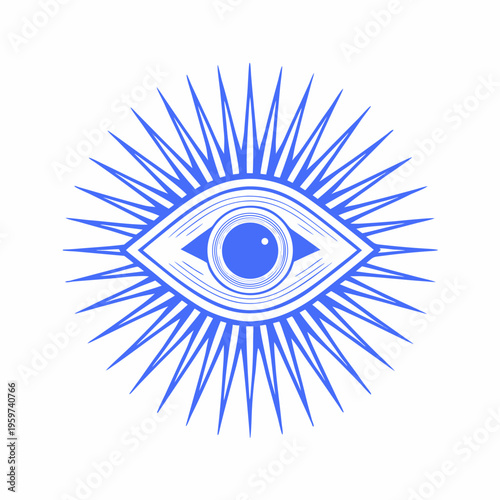 A bright blue eye with radiating lines resembling a sun or cosmic symbol