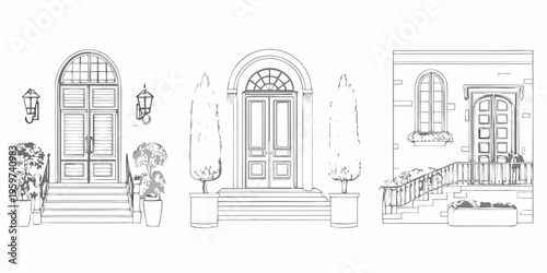 Detailed sketch of three european style building entrances with ornate doors