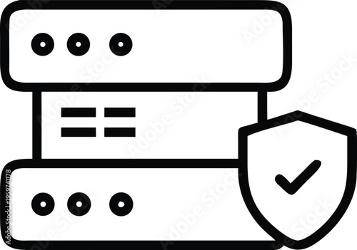 Secure Server Stack Line Icon with Protected Data Server, Cybersecurity Hosting Infrastructure, Network Security Outline Vector