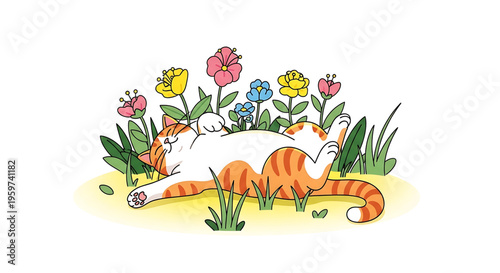 A cute cartoon cat lying in a field of colorful flowers and grass in a playful and carefree illustration.
