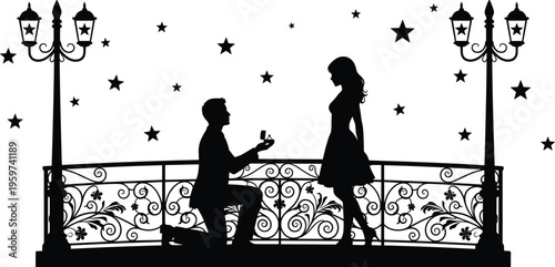 Romantic man proposing to woman on bridge under stars silhouette cad drawing flat vector illustration for marriage engagement and wedding concept