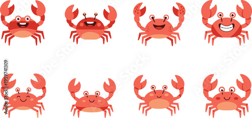 Cute crab cartoon character set vector illustration featuring adorable crabs with different expressions and poses marine animal collection isolated on white background design elements
