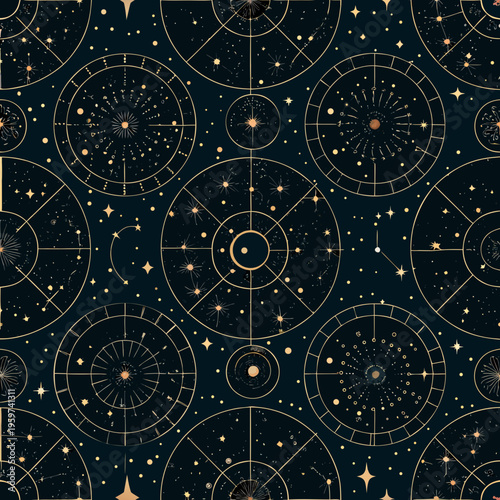 Intricate celestial pattern featuring golden astronomical symbols on a dark background