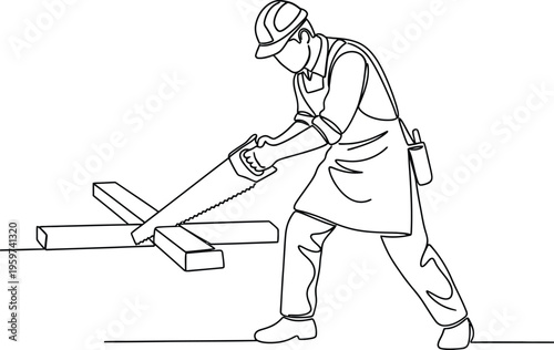 Man in hard hat using chainsaw to cut wooden beam on the ground