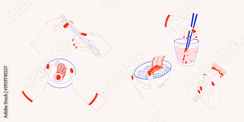 Stylized illustration of hands interacting with various food items and utensils