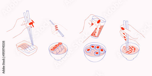 Stylized illustration of hands holding chopsticks and various japanese food items