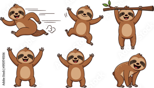 Set of Cute Sloth Cartoon Characters in Different Poses Running Jumping and Hanging from a Tree Branch Isolated on White Background for Kids Design
