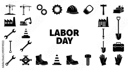 Happy Labor Day celebration with industrial and construction icons, celebrating workers and their contributions