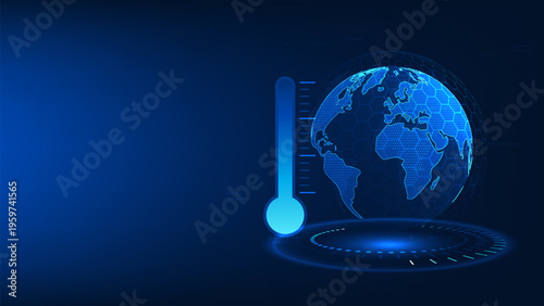 Fotografi Technology background Earth with a thermometer indicating rising temperature, symbolizing global warming, climate change, net zero goals, energy reduction, and sustainable green energy solutions