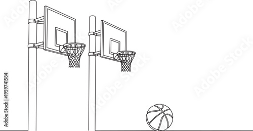 Basketball hoop and backboard with ball illustration, sports equipment concept, outdoor game court vector line drawing design