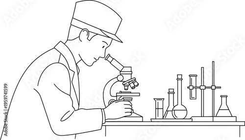 Scientist in lab coat examining samples through a microscope closely