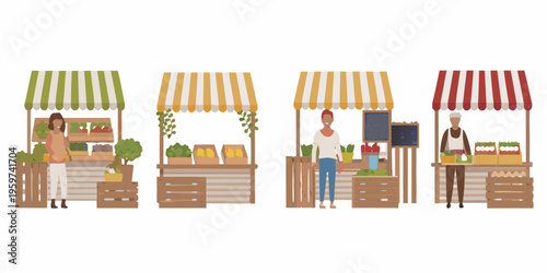 Colorful farmers market stalls with vendors and fresh produce displays