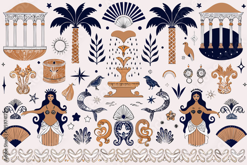 Vintage illustration of mermaids fountains and tropical botanical elements