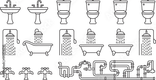Bathroom fixtures vector icons set with sinks toilets showers bathtubs and plumbing pipes, hand drawn outline sanitary equipment illustration