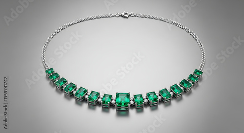 Stunning emerald necklace with square-cut gems and small diamonds set in silver, displayed elegantly on a gradient grey background