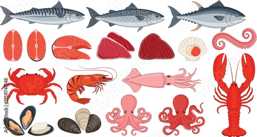 Seafood collection vector illustration featuring fish fillets shrimp crab lobster squid octopus mussels and shellfish fresh marine food set isolated on white background design elements