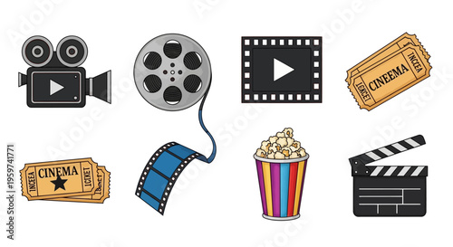 Vector icon set for cinema and film, showcasing classic movie cameras, film reels, popcorn, tickets, and clapperboards, ideal for entertainment graphic design