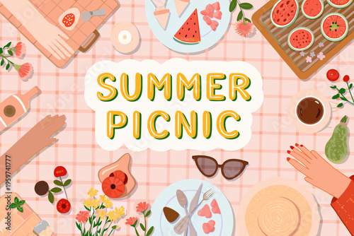 A colorful summer picnic scene with food drinks and accessories displayed