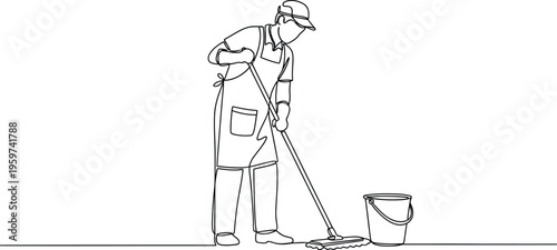 Man wearing an apron and cleaning with a mop and bucket nearby