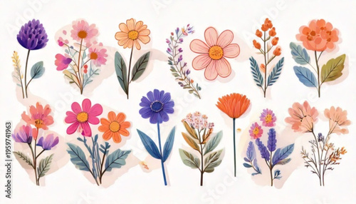 Colorful flowers on white background.