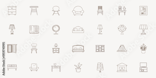 Collection of hand drawn furniture and home decor line icons