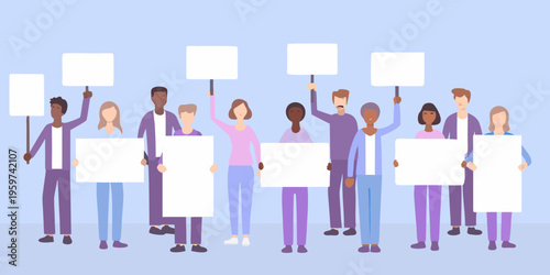 Diverse group of people holding blank signs possibly protesting or demonstrating