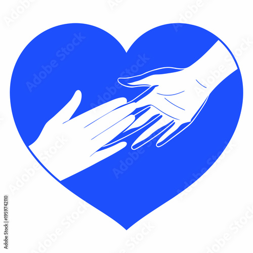Two hands reaching for each other within a blue heart shape
