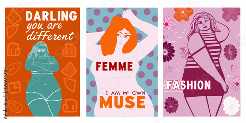 Three vibrant illustrations celebrating body positivity and female empowerment