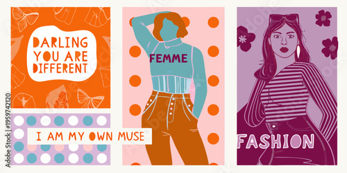 Stylized illustrations featuring fashion text and botanical elements in vibrant hues