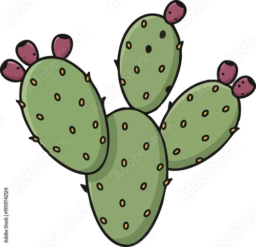 illustration of a green prickly pear cactus with purple fruits, featuring a clean black outline and isolated on a white background.
