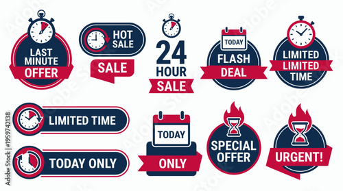 Set of professional sale countdown labels and promotional badges with clock and hourglass icons on white background, concept for e-commerce marketing, retail discount and advertising