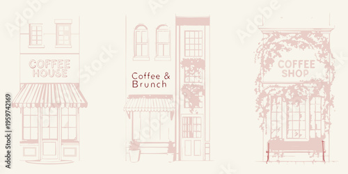 Stylized illustrations of coffee houses with architectural variations