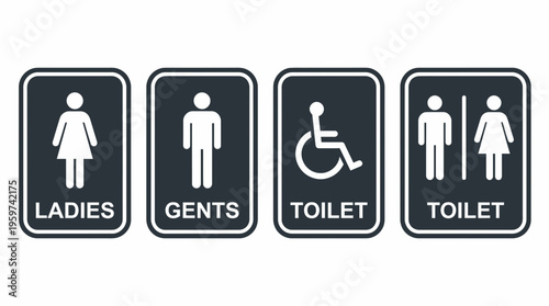 Minimalist black and white restroom signage set including ladies gents disabled and unisex toilet symbols on white background, concept for facility navigation, office signage and wayfinding