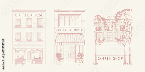 Minimalist illustration of three connected storefronts coffee house brunch and shop