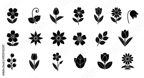 Collection of vector icons representing various flowers, leaves, and berries, showcasing diverse floral elements