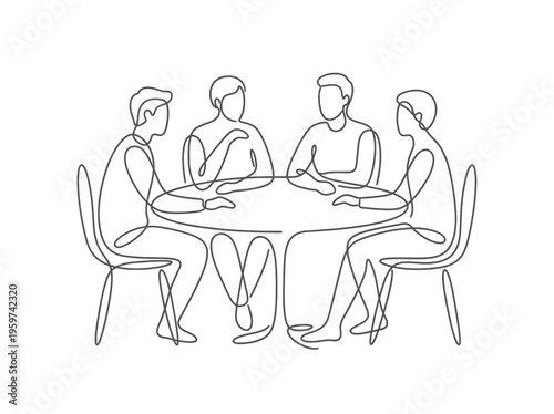Single continuous line drawing of professional business executives sitting around round table for discussion, concept for corporate collaboration, team building and leadership brainstorming