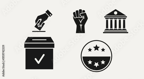 Vector icons for democracy, elections, and civic engagement. Featuring voting, civil rights, government buildings, and patriotic emblems, perfect for policy and educational designs