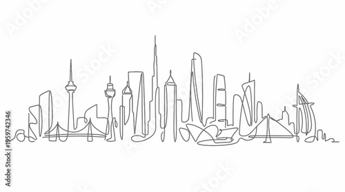 Minimalist continuous one line drawing of world city skyline with skyscrapers and famous landmarks on white background, concept for architectural design, business center and urban development
