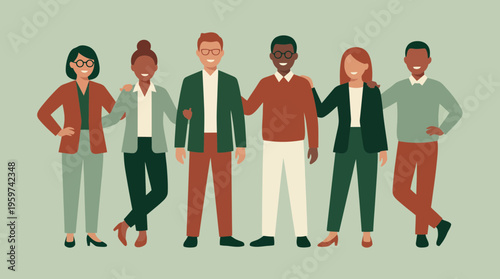 Diverse group of smiling business executives and office managers standing together in flat vector illustration, concept for corporate teamwork, professional partnership and employee inclusion