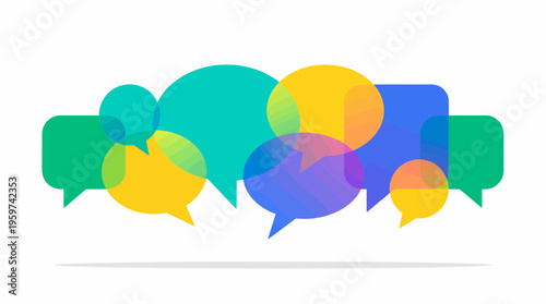 Vibrant collection of overlapping transparent speech bubbles in diverse shapes and colors, concept for global social communication, digital marketing and customer feedback management