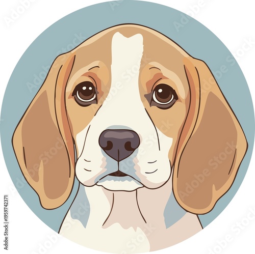 Detailed portrait of a beagle puppy with expressive brown eyes in a circular frame, featuring soft tan, white, and blue tones.