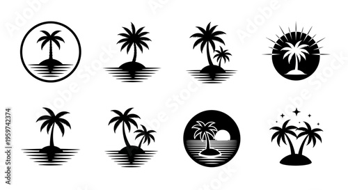 Set of diverse vector icons featuring isolated tropical islands with palm trees, capturing the essence of summer vacations and serene paradise destinations for your next creative project