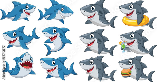 Cute shark cartoon character set vector illustration featuring funny sharks in different poses with accessories playful marine animal collection isolated on white background design elements