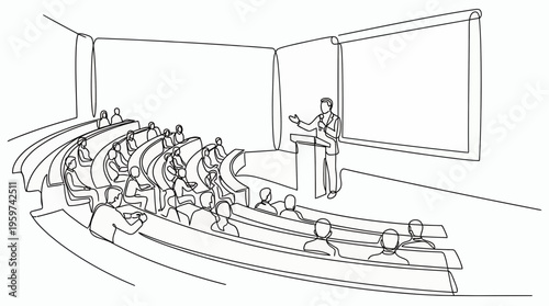 Professional CEO executive giving speech on podium to large audience in auditorium lecture hall continuous line drawing, concept for business leadership, corporate summit and educational conference