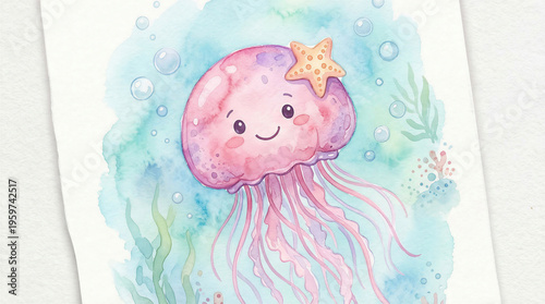 Wallpaper Mural Cute pink jellyfish swimming underwater with starfish Torontodigital.ca