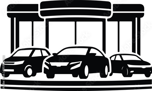 Car dealership silhouette, auto showroom building with vehicles display, automotive sales service, transport business vector illustration