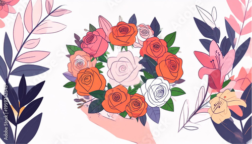 Colorful Roses and Leaves Illustration.