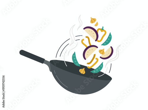 Stir frying fresh vegetables like eggplant peppers and peas in a hot black wok with rising steam on white background, concept for culinary blog, restaurant menu and healthy cooking lifestyle