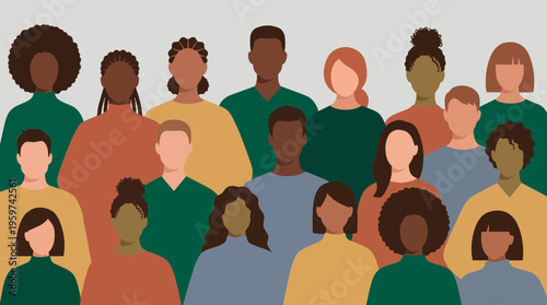 Diverse multicultural office professionals and corporate team standing together in flat design style, concept for workforce diversity, global team collaboration and inclusive recruitment